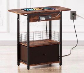 GiveBest End Table with Charging Station, Narrow Side Table with USB Ports and Outlets,