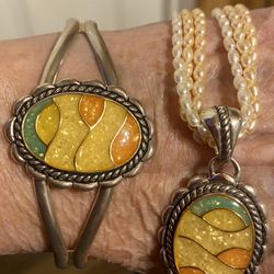 Beautiful Bangle Bracelet And Necklace To Match With Pearl Chain Sterling Silver 