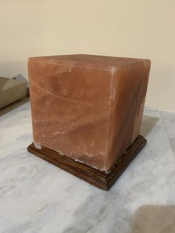 Large Himalayan Pink Salt Block Decor Cube on Wood Base Natural Salt Crystal