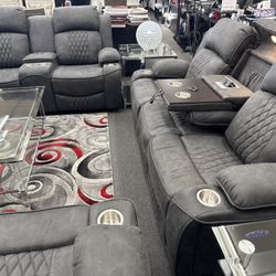 2pcs Leatherette Reclining Living Room Set W/LED Light