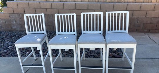 Set of 4 White Bar Stools with Gray Cushioned Seats