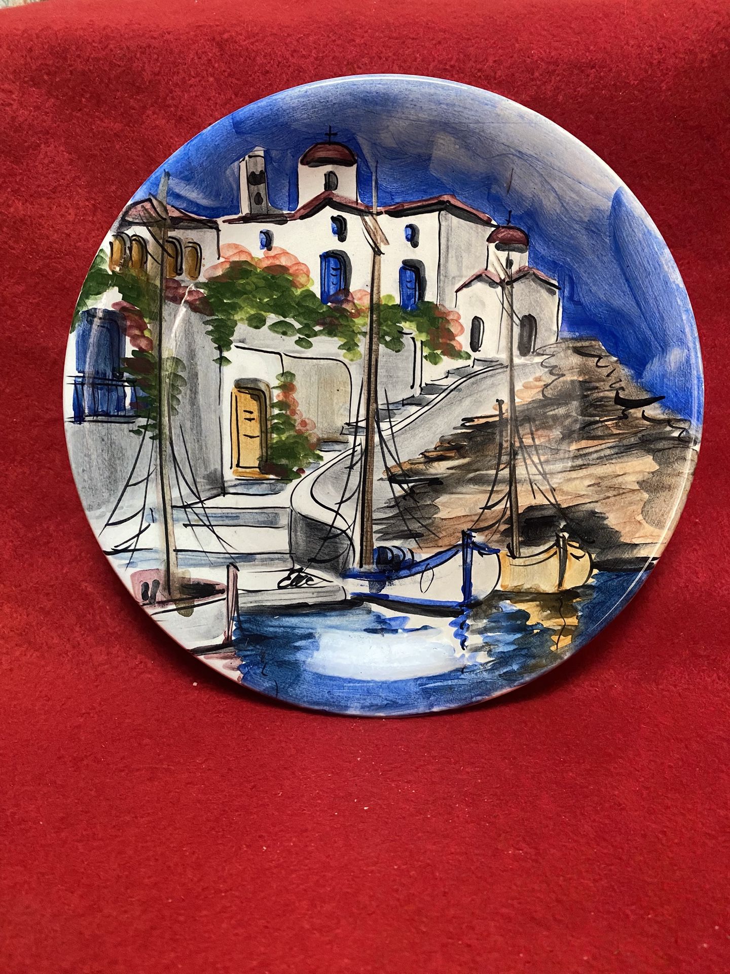 8.25 Inch Handmade Hand Painted Blue Ceramic Wall Hanging Plate Imported From Greece