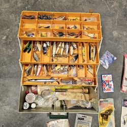 Vintage Fishing Tackle Box Orange Plastic Storage Kit With 