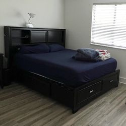 Wood Bed with Drawers, Headboard Storage, and Queen Nectar Mattress