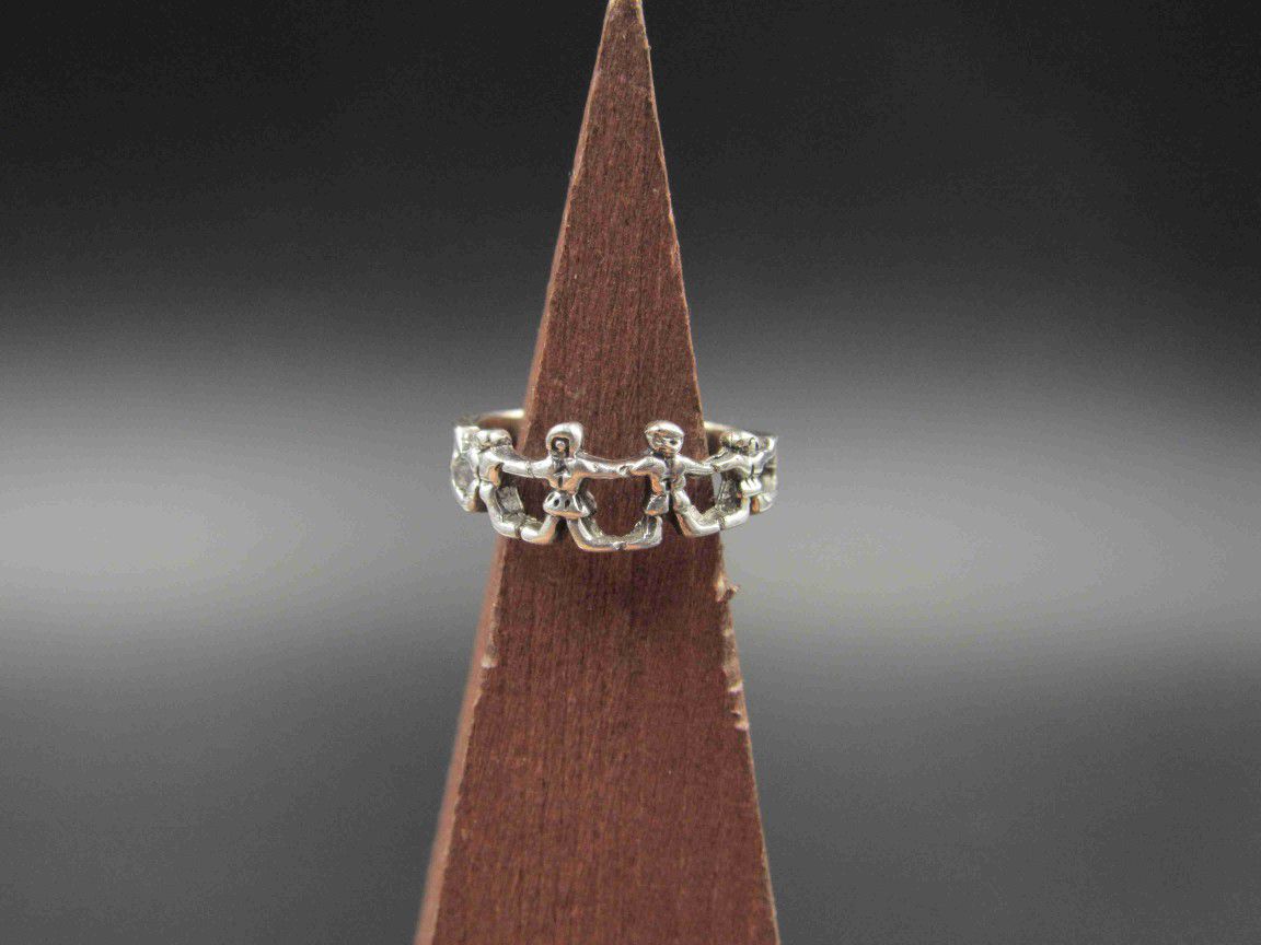 Size 3.25 Sterling Silver Kids Holding Hands Toe Band Ring Vintage Statement Engagement Wedding Promise Anniversary Bridal Cocktail