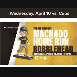 Wednesday 4/10  3:40pm San Diego Padres Vs Chicago Cubs Single Ticket Front Row Upper Infield 312 Manny Machado Home Run Giveaway Bobblehead SOLD OUT!