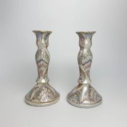 Mid Century Pair of Toyo Candle Holders, H.F.P. Macau Hand Painted Feather Fan Motif 