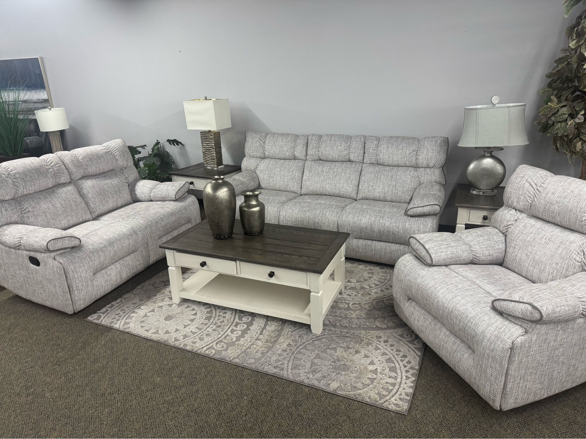 Gray plush soft chenille fabric fully reclining three piece couch set