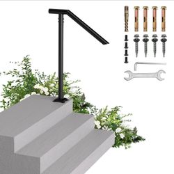 Handrails for Outdoor Steps, Single Post Wrought Iron Handrail for 1, 2, 3 Step, Outdoor Stair Rail Handrails with DIY Took Kit, 37" H Black Hand Rail