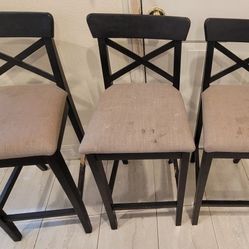 3 Ikea ingolf wood bar stools
One has a crack in the wood
The other 2 have some dog chew marks definitely salvageable 

$30 for all 3