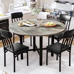 Round Dining Table Set for 4, Wood Circle Kitchen Table and Chairs Set for 4, Modern Dining Room Sets with 4 Faux Leather Chairs, Round Dinner Table f