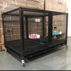 New HD Sleek 43” Kennel Crate Cage 🐩🐕 🦮🐕‍🦺W/ Removable Divider, Bowls, Trays & Casters 🐶 Dimensions: 43”L X 28”W X 26”H  🇺🇸 