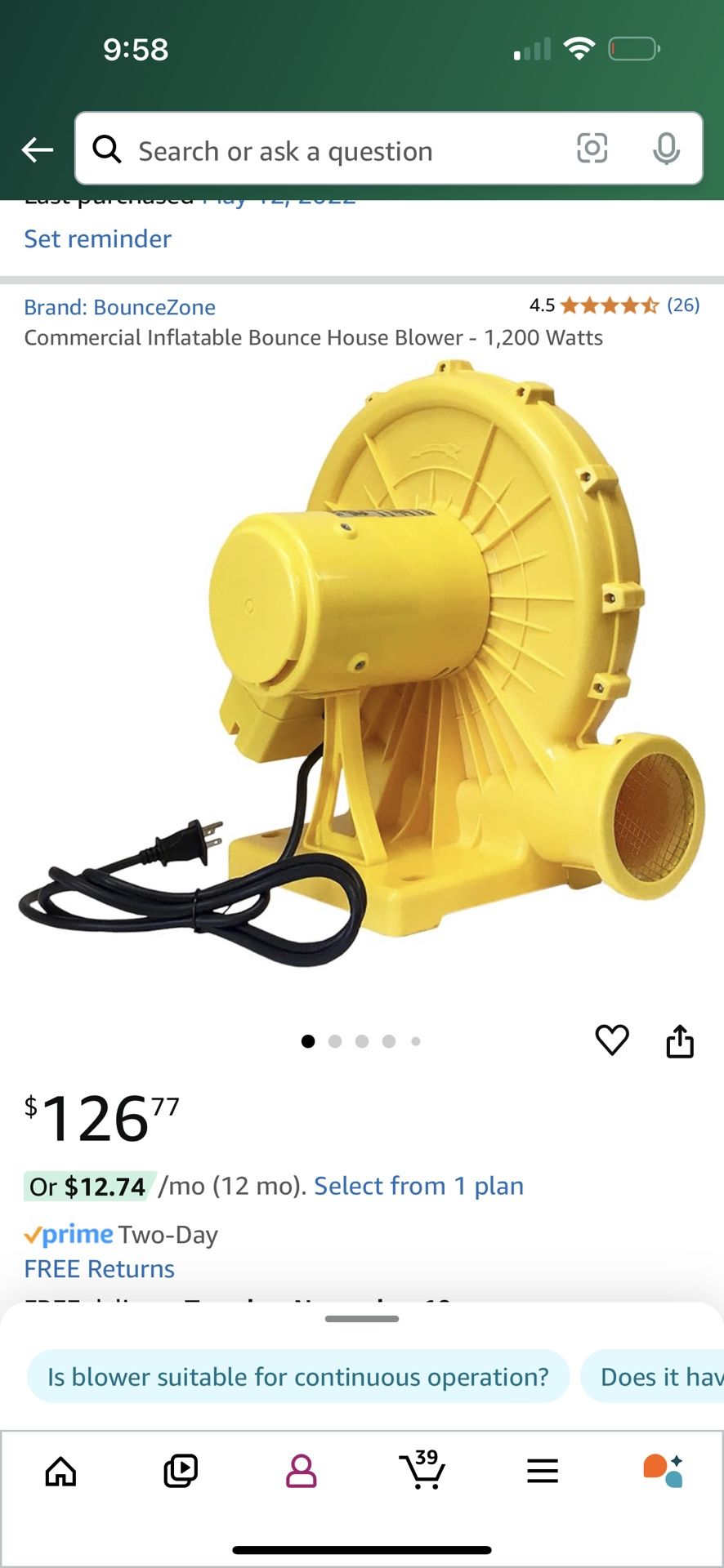 Commercial Inflatable Bounce House Blower - 1,200 Watts