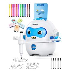 Drawing Robot for Kids, Rechargeable 4-in-1 Draw/Learn/Spell/Music Interactive Educational Robot Drawing Machine with 100 Cards & 12 Color Pens, Learn