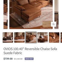 OVIOS 100.40" Reversible Chaise Sofa Suede Fabric Color- Suede Fabric Light Brown