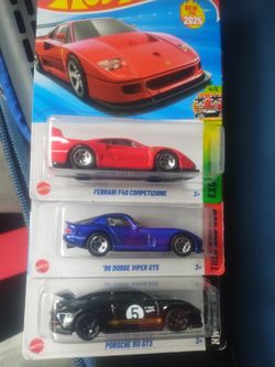 Hot Wheels Porsche 911 GT3 Black, Ferrari F40, Dodge Viper GTS 