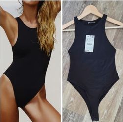 XS Zara Halter bodysuit Thong bottom Snap closure Lined Stretch Chic Casual