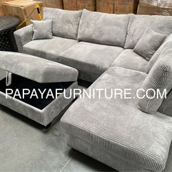 New! Plush Gray Sectional, Sectional And Storage Ottoman, Sectionals, Sofa, Couch, Gray Couch, green Couch, Corduroy Sectional, USB Charger Sofa Dimen