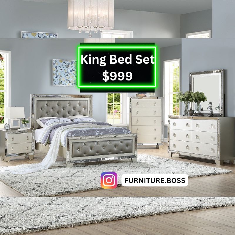 Glam Bedroom - King Size Bed+Dresser+Mirror+1 Nightstand $999