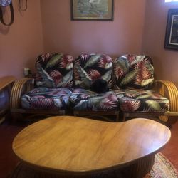 Vintage five strand rattan three piece set. Three Piece Couch, Angled End Table, Coffee Table.