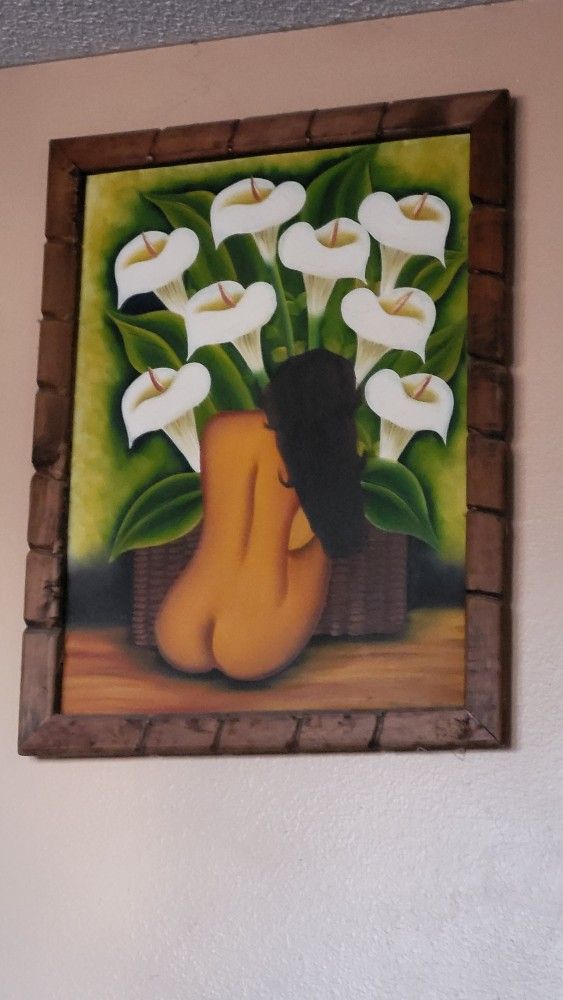 CUADRO DE BELLA MUJER CON ALCATRASES