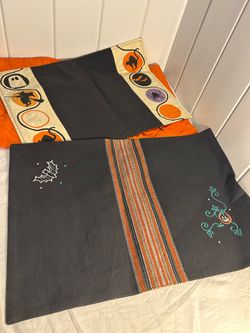 90s Halloween cloth Placemats LOT of 3 Pumpkin black Cat Bat vintage table decor