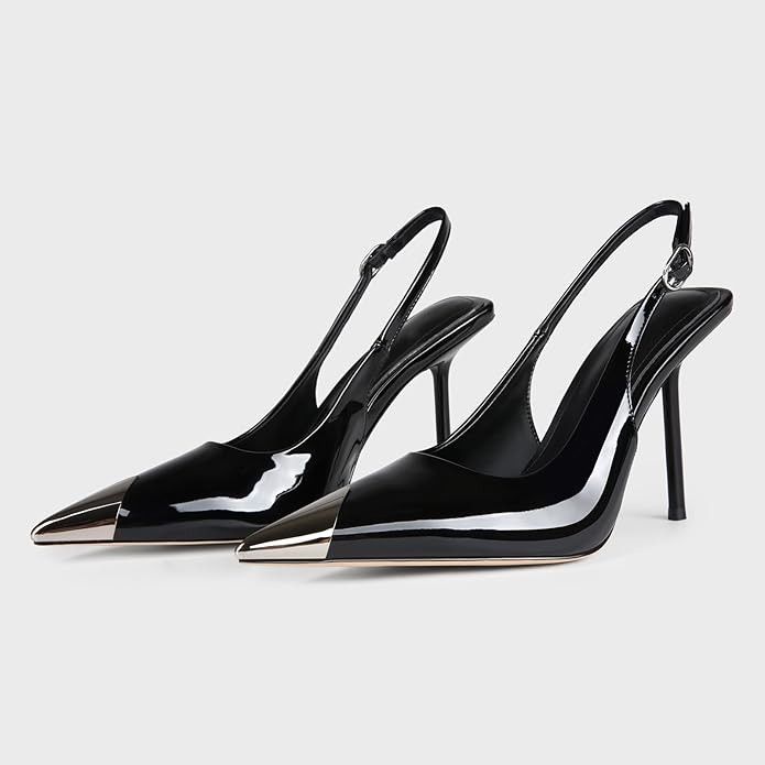 Women's Black(9 1/2) Elegant black Patent Leather Open-Back With 4-Inch Stiletto Heel Pointed Toe Design Non-Slip