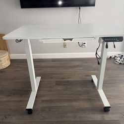SHW 40 x 22 Inches Electric Height Adjustable Sit to Stand Desk with Hanging Hooks and Cable Management, White Frame and White Top