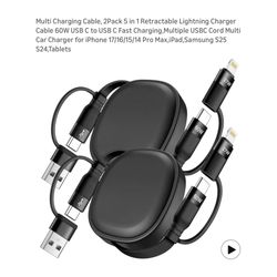 Brand new Multi Charging Cable, 2Pack 5 in 1 Retractable Lightning Charger Cable 60W USB C to USB C Fast Charging,Multiple USBC Cord Multi Car Charger