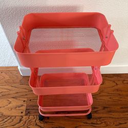 Three-Tier Metal Rolling Cart - Coral