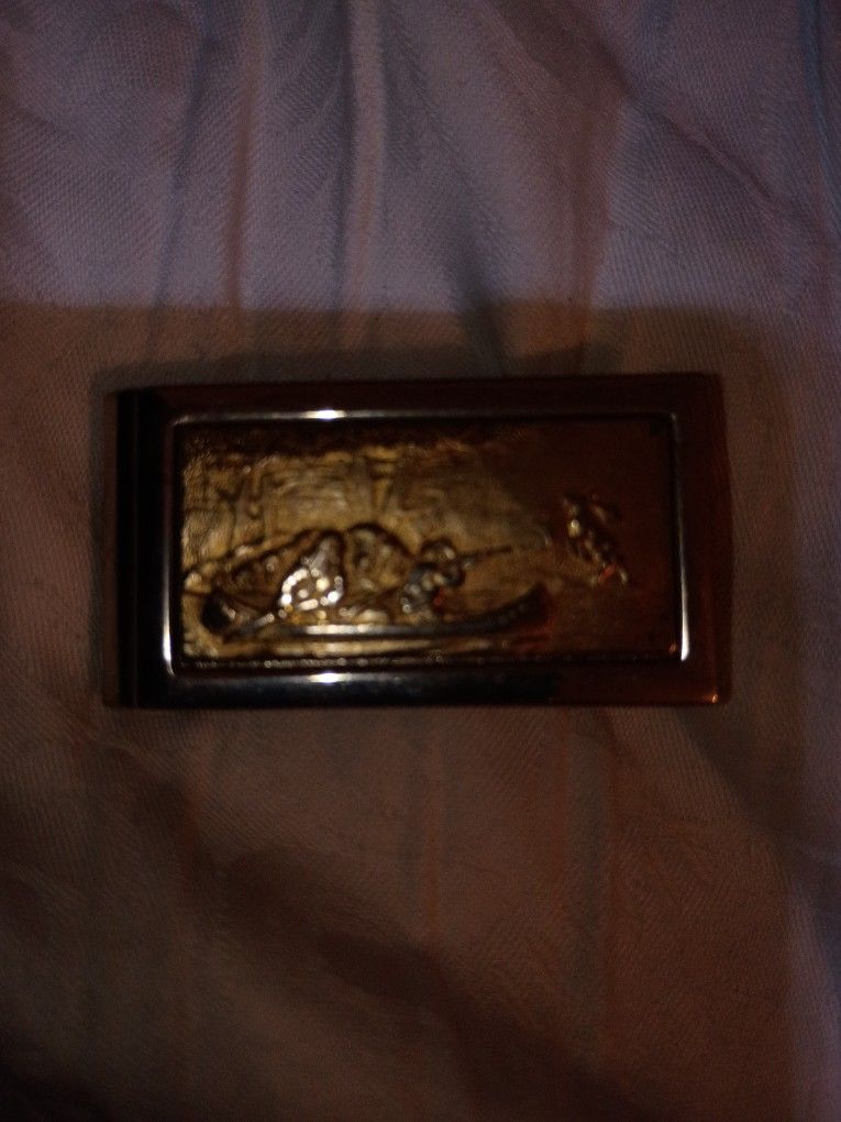 FINE Vintage 1970s Brushed Steel & Bronze Plaque Currier & Ives Hunting Scene MONEY CLIP