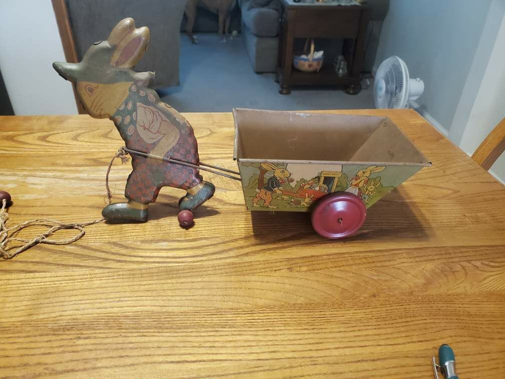 Vintage Tin Toy Rabbit And Wagon