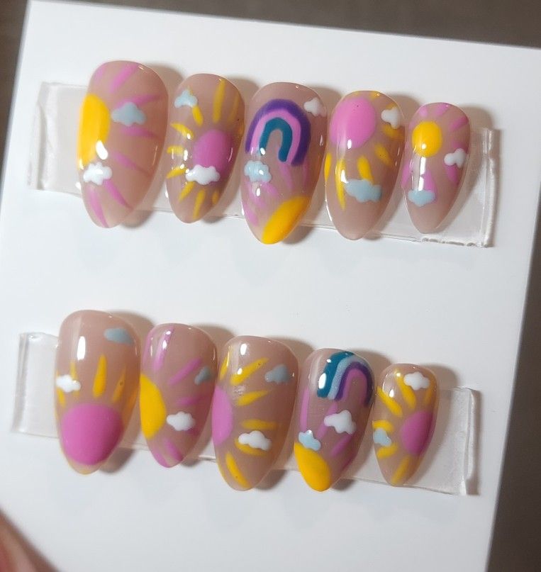 Almond Sun-rainbow-clouds Press On Nails