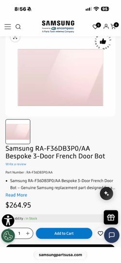 upper/top door panel for Samsung Bespoke 3-Door French Door refrigerators.