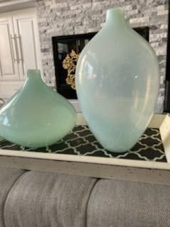 Set 2 BLENKO "STYLE" MID-CENTURY MODERN HAND MADE GLASS BLOWN VESSEL VASES Aquamarine Blue Green