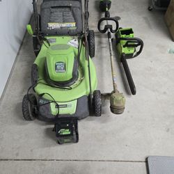 Greenworks 60V Lawn Mower, String Trimmer, and Chainsaw