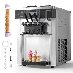 **Commercial Ice Cream Machine, 20-28L/H Yield, 2200W 3-Flavor Countertop Soft Serve Ice Cream Maker with 2 x 6L Hoppers & Hopper Agitation, Pre-Cooli