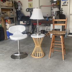 Modern Swivel Chair + Rattan Side Table + Vintage Wooden Bar Stool 