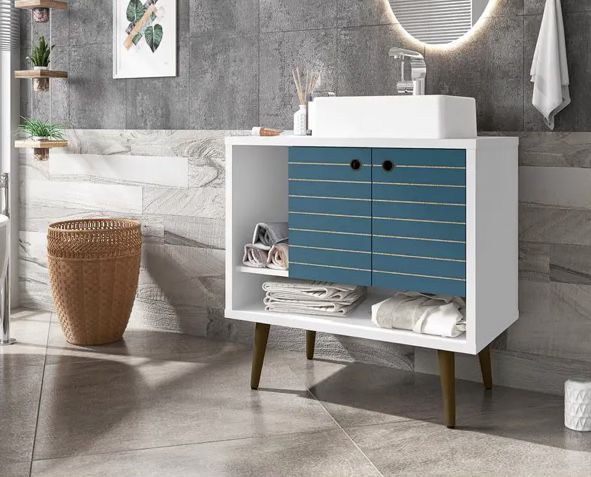 LIBERTY 31.49in ..W Bath Vanity In Aqua Blue With Vanity Top In White With White Basin
