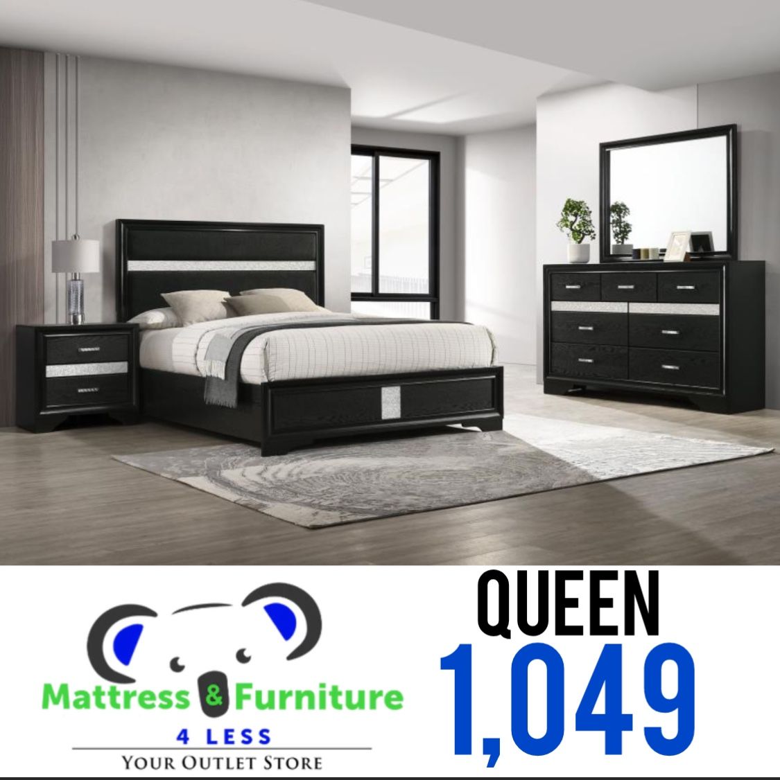 Queen Size 4-Piece Bedroom Set Miranda Black