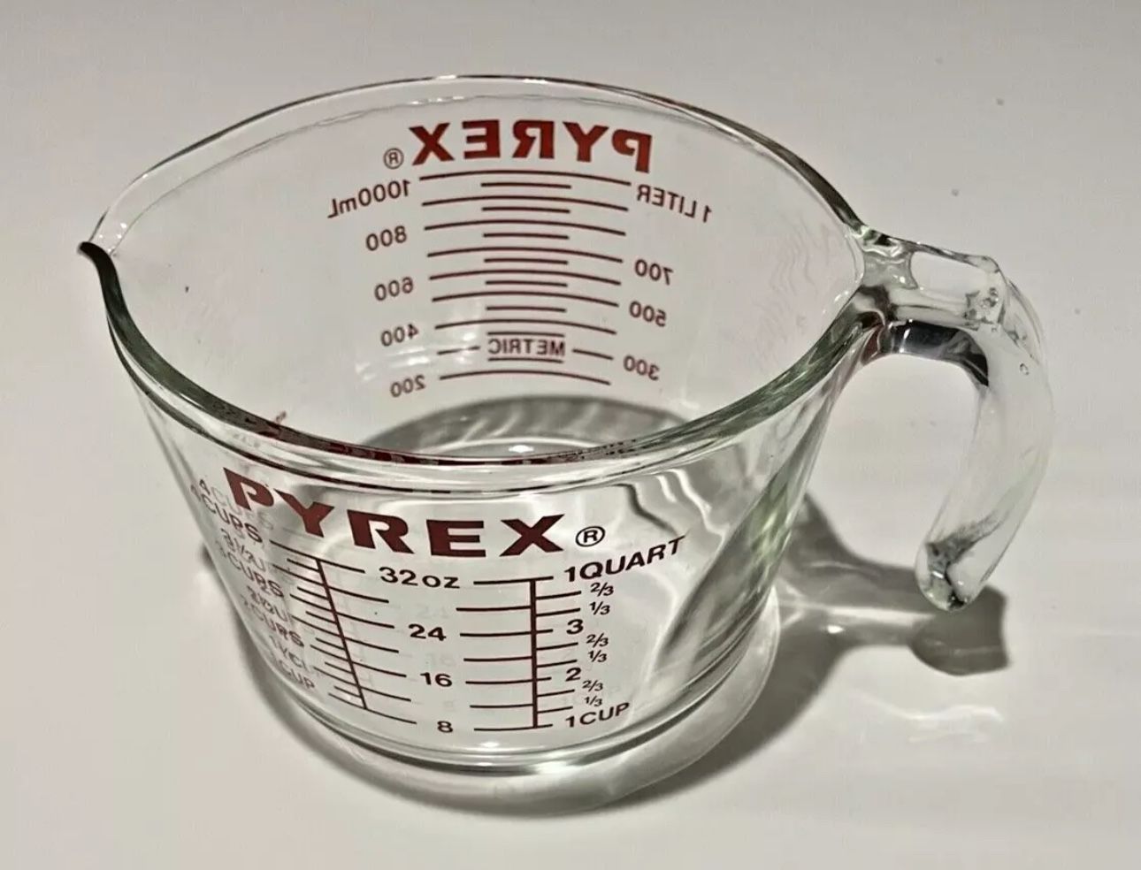 Vintage Pyrex Glass Measuring Cup 4 Cup J-Handle 532 Red 1 Quart