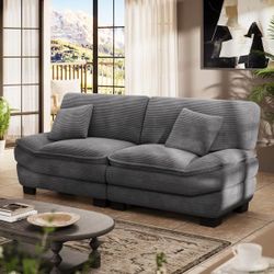  87 in. Grey Corduroy Fabric Couch 2-Seats Loveseat with Pillows, Sailboat-Shape Sofa for Living Room Apartment