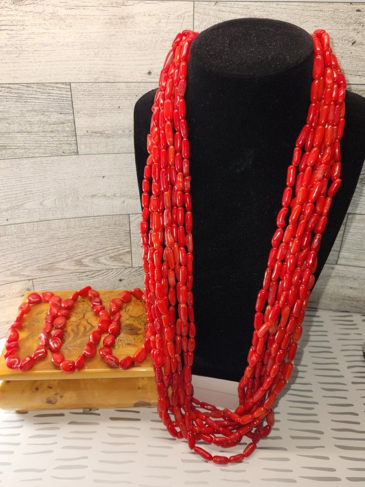#1864, SIGNED LUCORAL 925 SILVER CN,  9 STRAND NATURAL RED CORAL SET, 4 ITEMS
