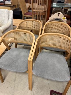 Set of 4 Natural Oak and Beige Polyester Upholstered Dining Chairs featuring a woven cane backrest