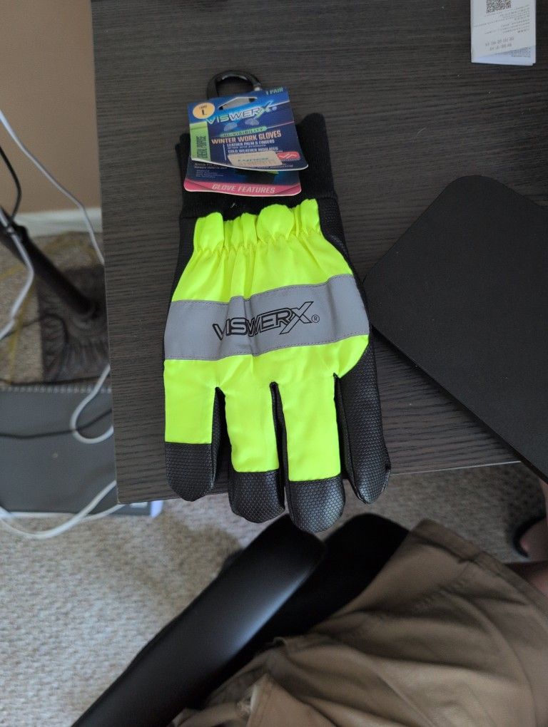 New VISVERX Hi-Vis Insulated Winter Work Gloves, Leather Palm, One Size