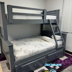 New Grey Twin / Full / Twin Solid Pine Wood Bunk Bed With Mattresses Included