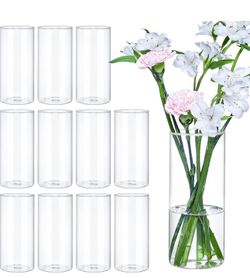 12Pcs Glass Cylinder Vases 8 Inch Tall Clear Flower Vases for Centerpieces Wedding Decoration, Hurricane Floating Candle Holder for Party Table Home D