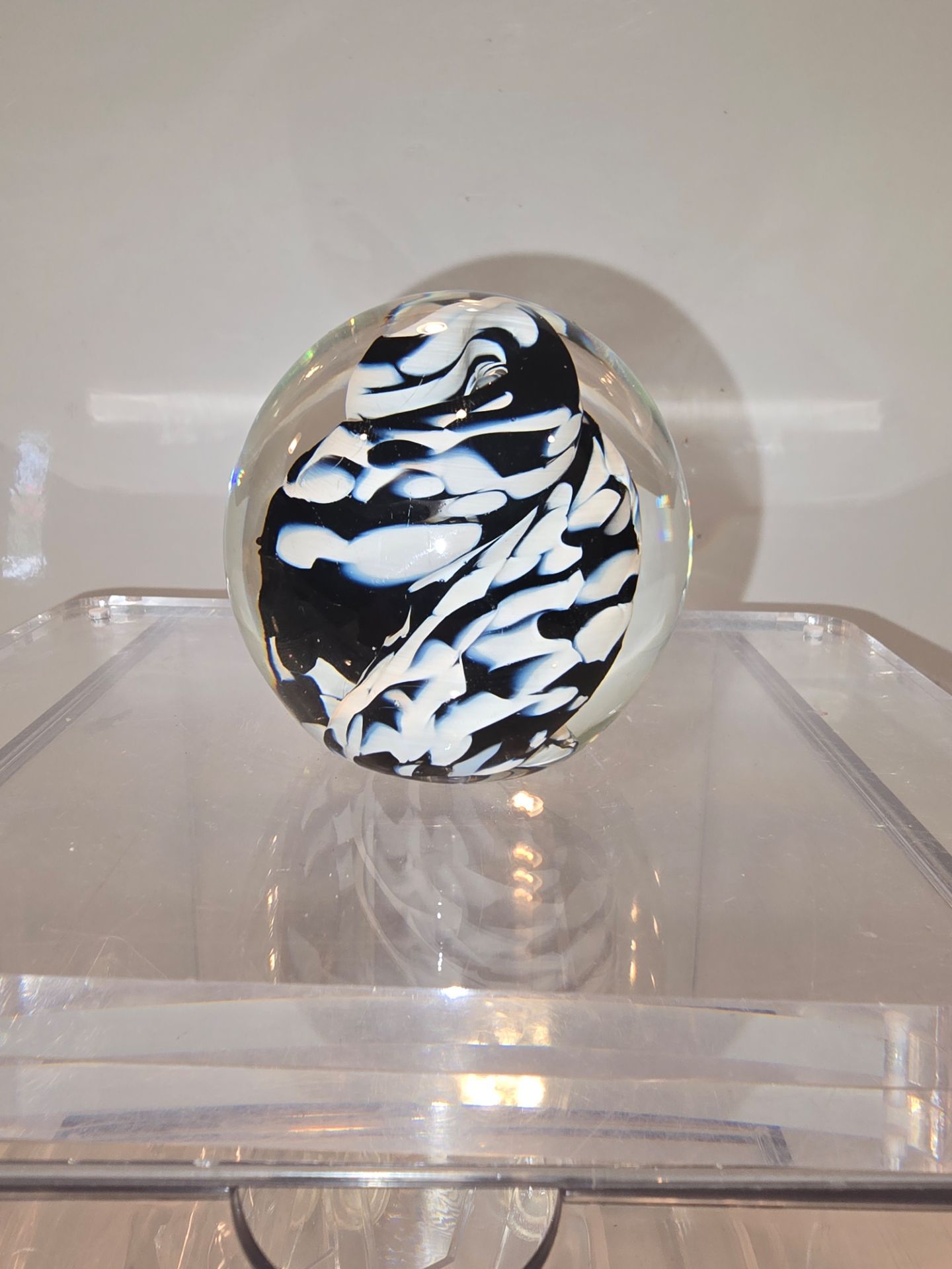 Glass Art paperweight Sphere 2.25" black white swirl