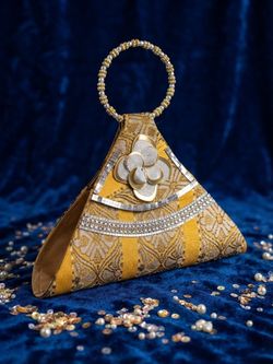Gold Embroidered Triangle Clutch with Beaded Handle