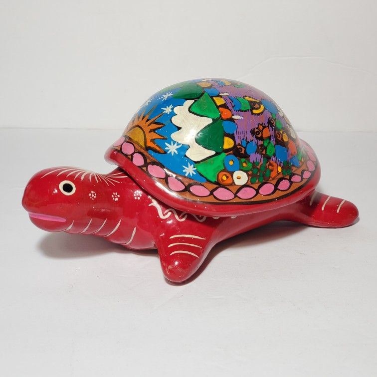 Mexican Folk Art Turtle Trinket Box Pottery